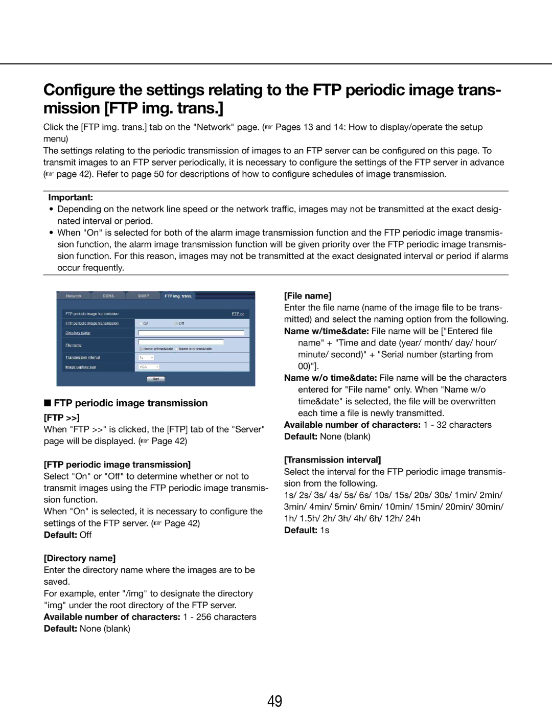 Panasonic WV-SP105E, WV-SP102E FTP periodic image transmission, Default Off Directory name, Default 1s 