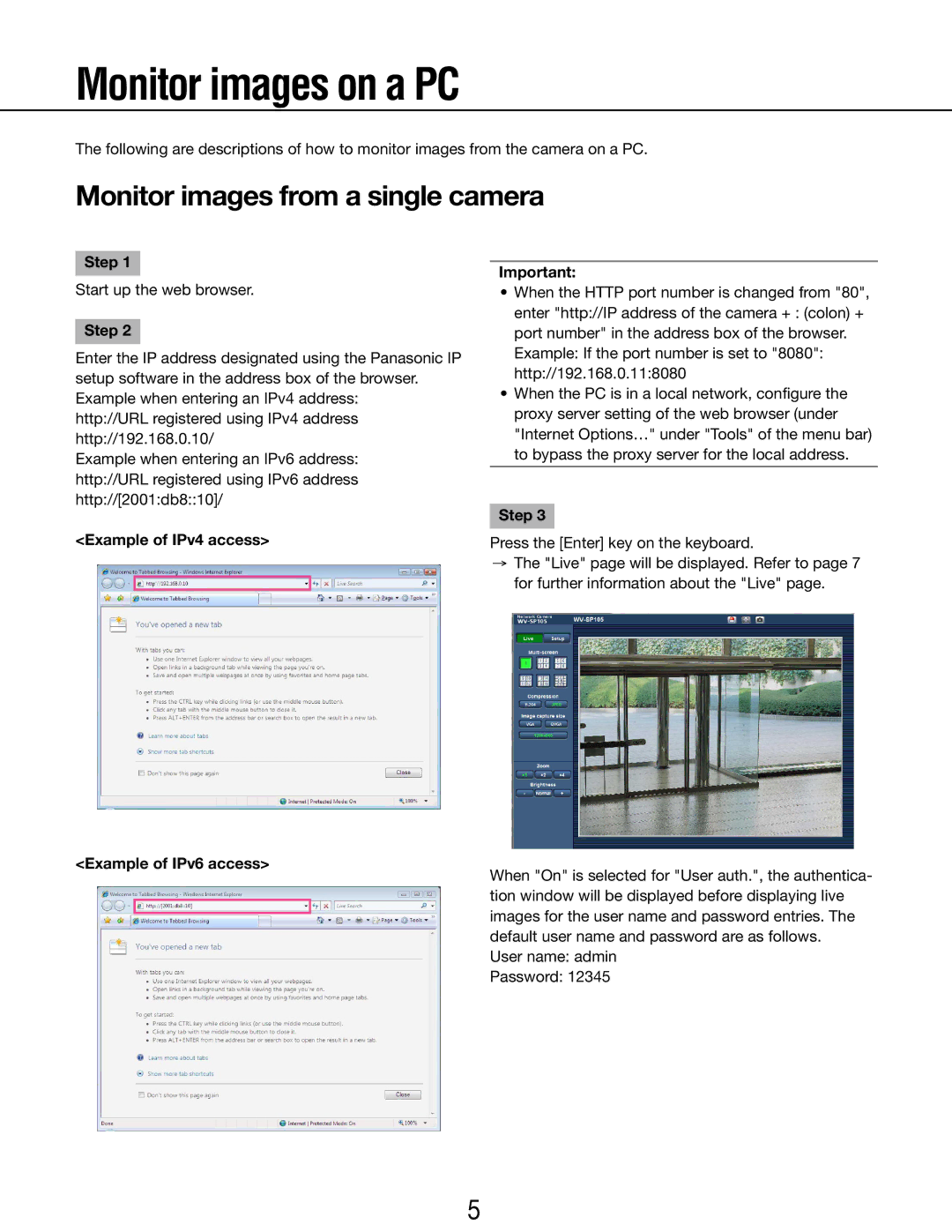 Panasonic WV-SP105E, WV-SP102 Monitor images on a PC, Monitor images from a single camera, Step, Example of IPv4 access 