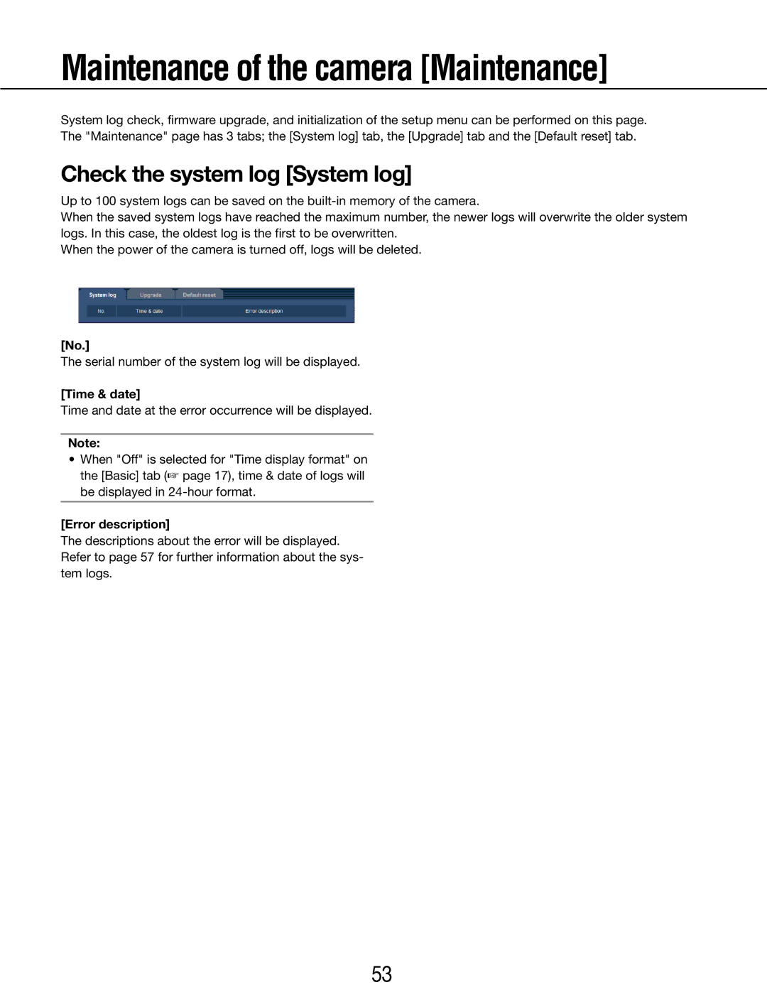 Panasonic WV-SP105E Maintenance of the camera Maintenance, Check the system log System log, Time & date, Error description 