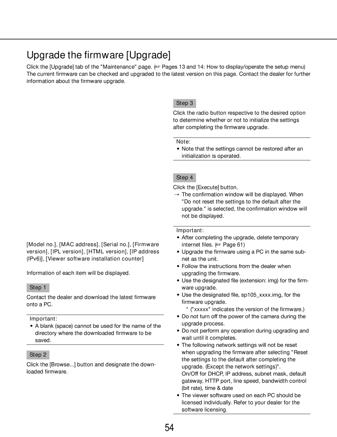 Panasonic WV-SP105E, WV-SP102E operating instructions Upgrade the firmware Upgrade 