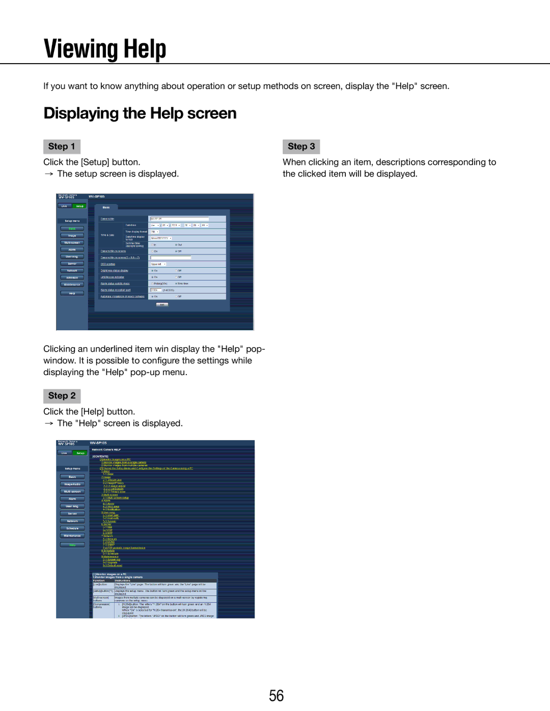 Panasonic WV-SP105E, WV-SP102E operating instructions Viewing Help, Displaying the Help screen 