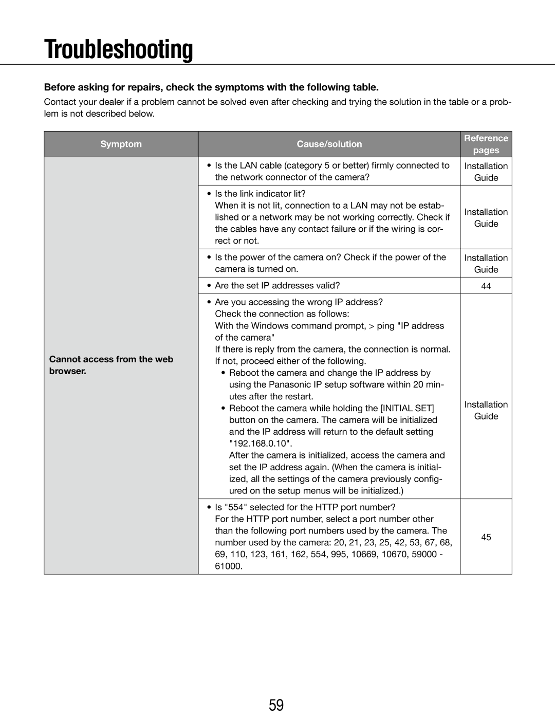 Panasonic WV-SP102E, WV-SP105E operating instructions Troubleshooting, Cannot access from the web, Browser 