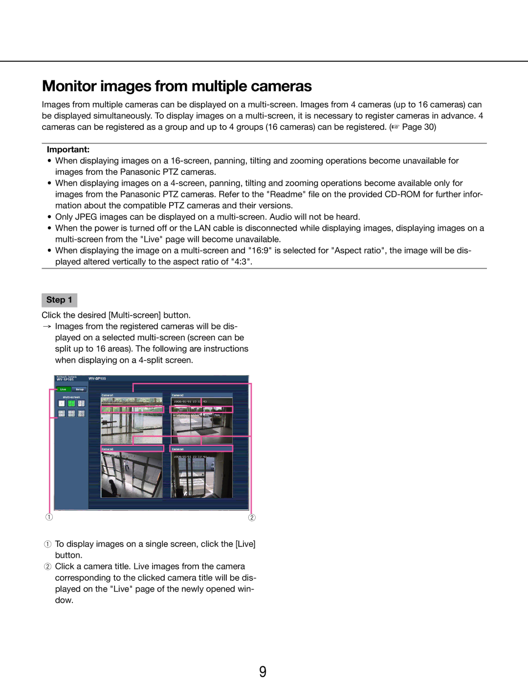 Panasonic WV-SP105E, WV-SP102E operating instructions Monitor images from multiple cameras, Step 