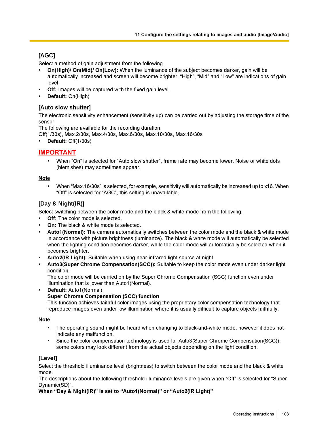 Panasonic WV-SC380, WV-SW170, WV-SW390, WV-ST160 operating instructions Auto slow shutter, Day & NightIR, Level 