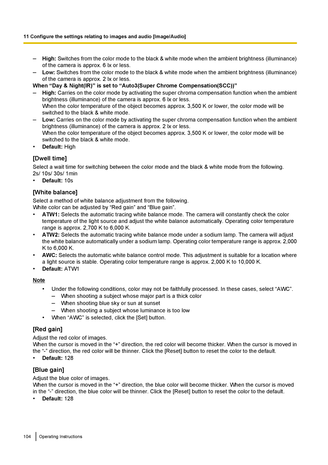 Panasonic WV-SW170, WV-SW390, WV-ST160, WV-SC380 operating instructions Dwell time, White balance, Red gain, Blue gain 