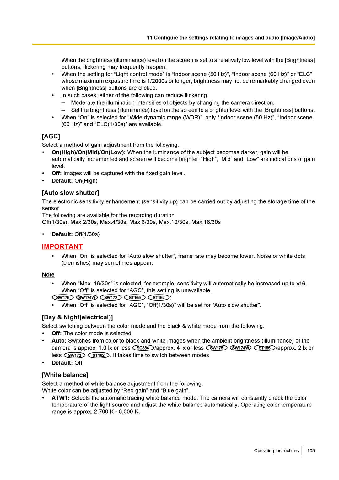 Panasonic WV-SW390, WV-SW170, WV-ST160, WV-SC380 operating instructions Day & Nightelectrical, Default OnHigh 