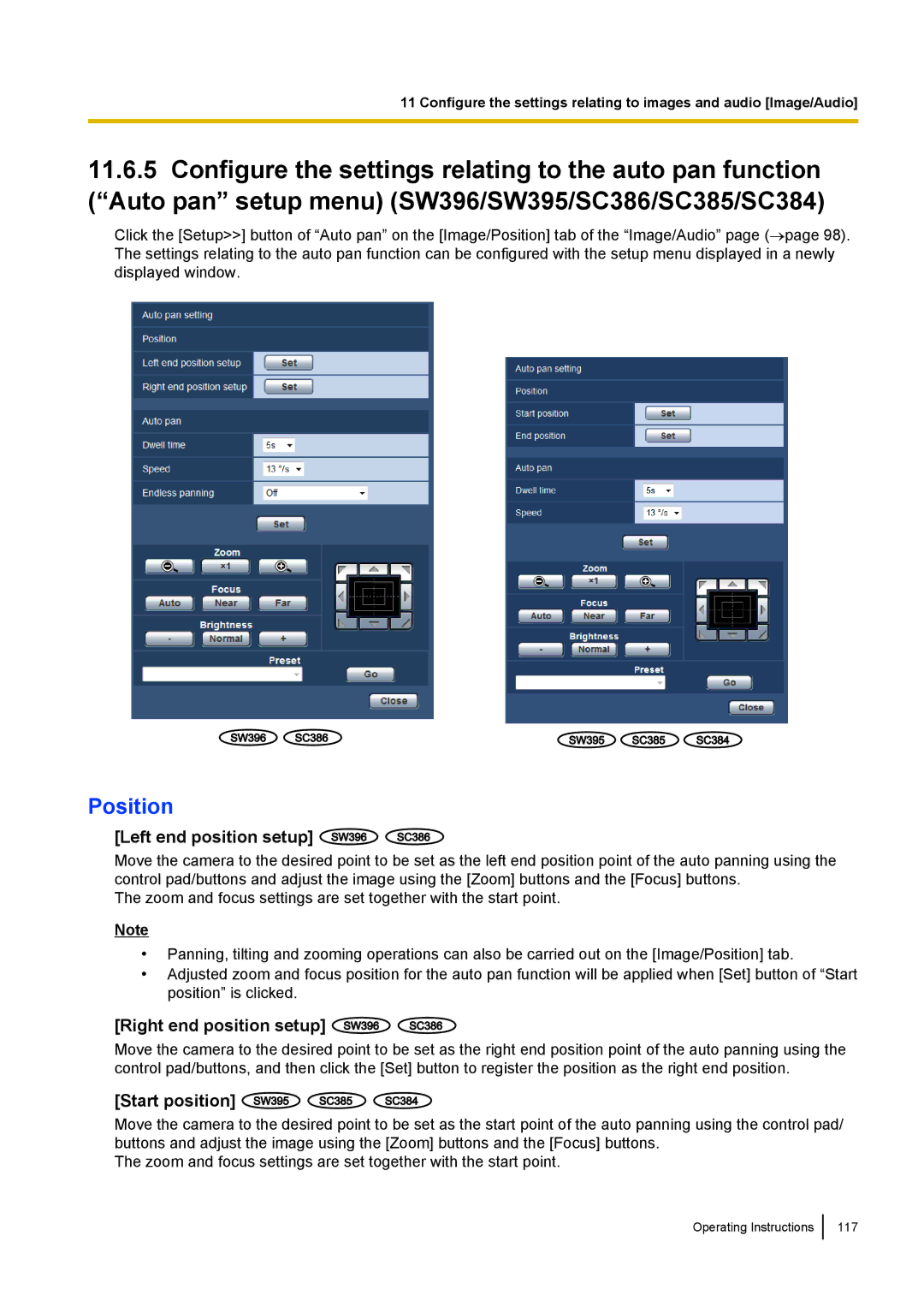 Panasonic WV-SW390, WV-SW170, WV-ST160, WV-SC380 Position, Left end position setup, Right end position setup, Start position 