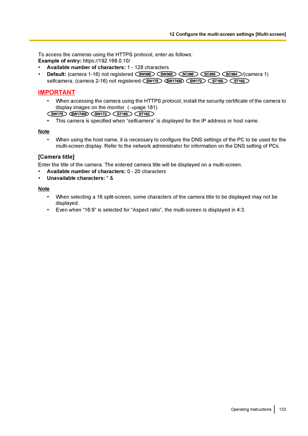 Panasonic WV-SW390, WV-SW170, WV-ST160, WV-SC380 Camera title, Available number of characters 1 128 characters 