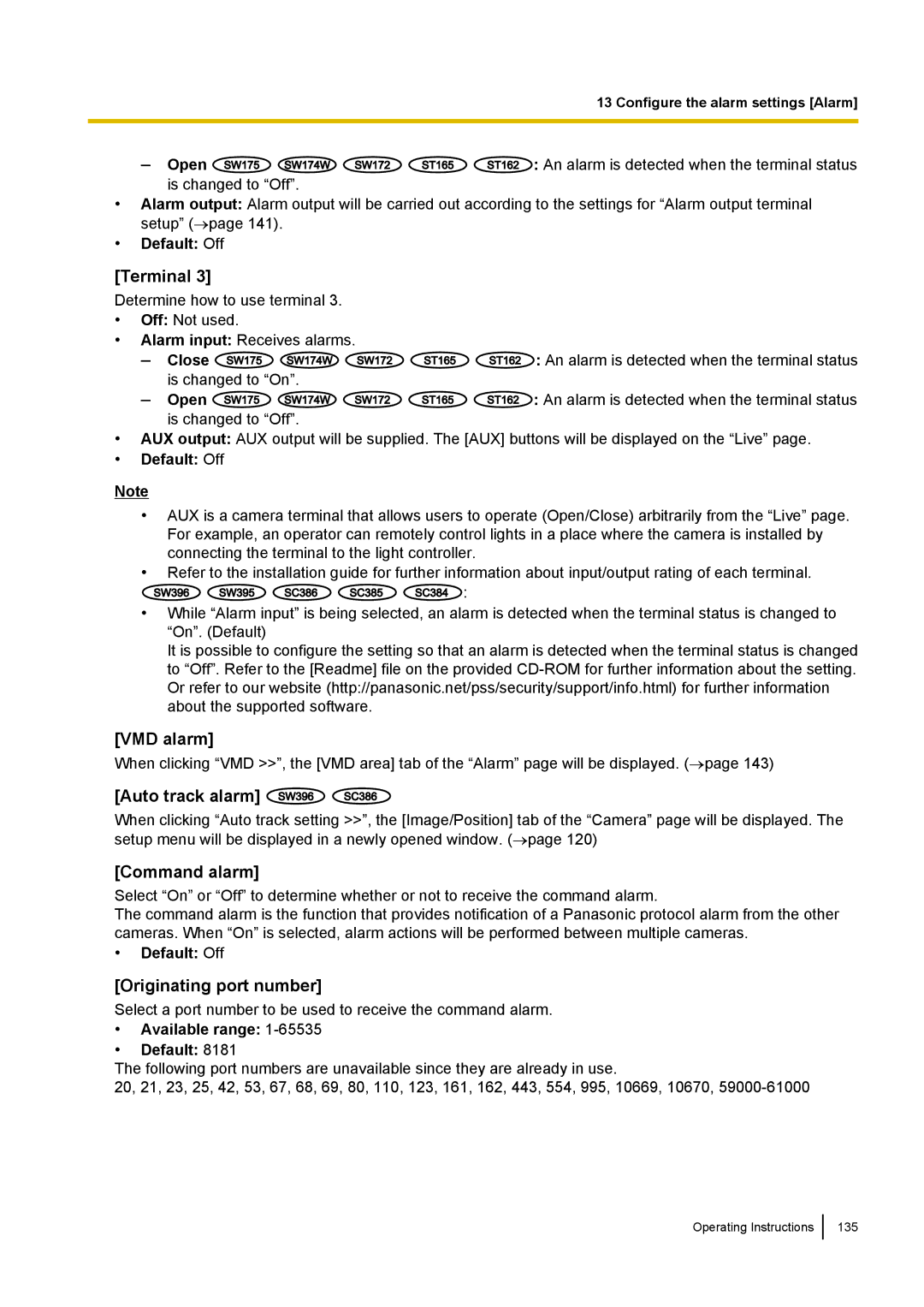 Panasonic WV-SC380, WV-SW170, WV-SW390, WV-ST160 VMD alarm, Command alarm, Originating port number, Available range Default 