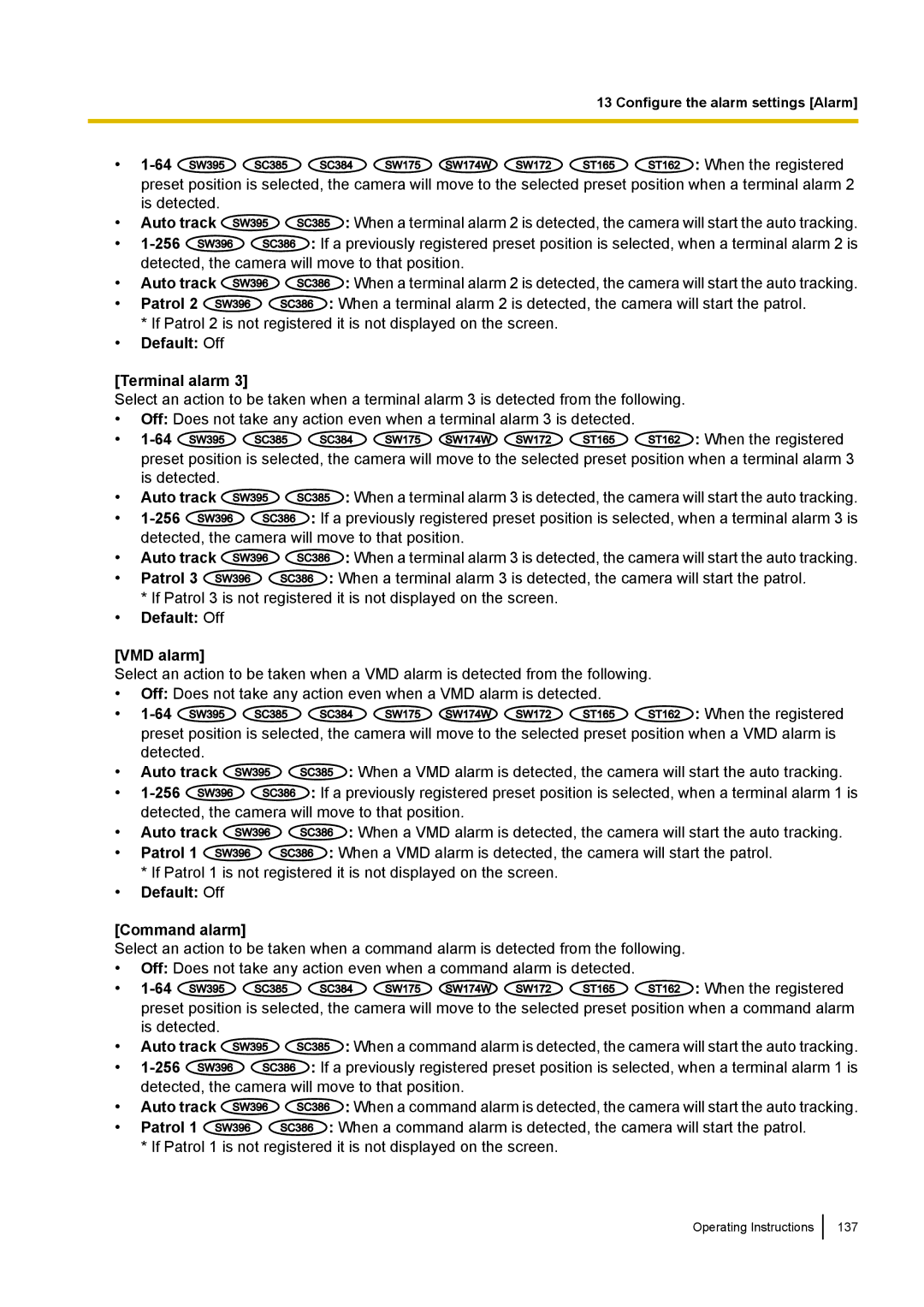 Panasonic WV-SW390, WV-SW170, WV-ST160, WV-SC380 operating instructions Default Off VMD alarm, Default Off Command alarm 