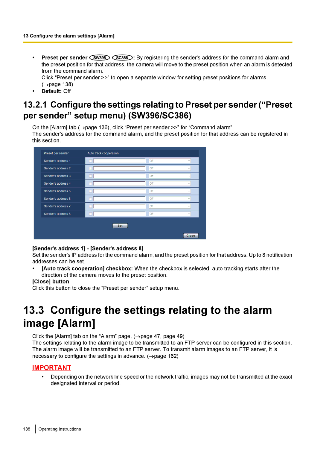 Panasonic WV-ST160, WV-SW170 Configure the settings relating to the alarm image Alarm, Preset per sender, Close button 