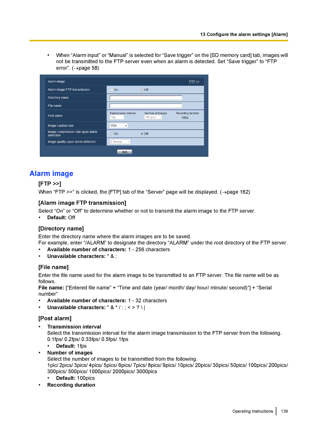 Panasonic WV-SC380, WV-SW170, WV-SW390, WV-ST160 Ftp, Alarm image FTP transmission, Directory name, Post alarm 