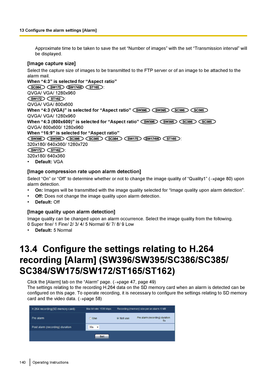 Panasonic WV-SW170 Image compression rate upon alarm detection, Image quality upon alarm detection, Default 5 Normal 