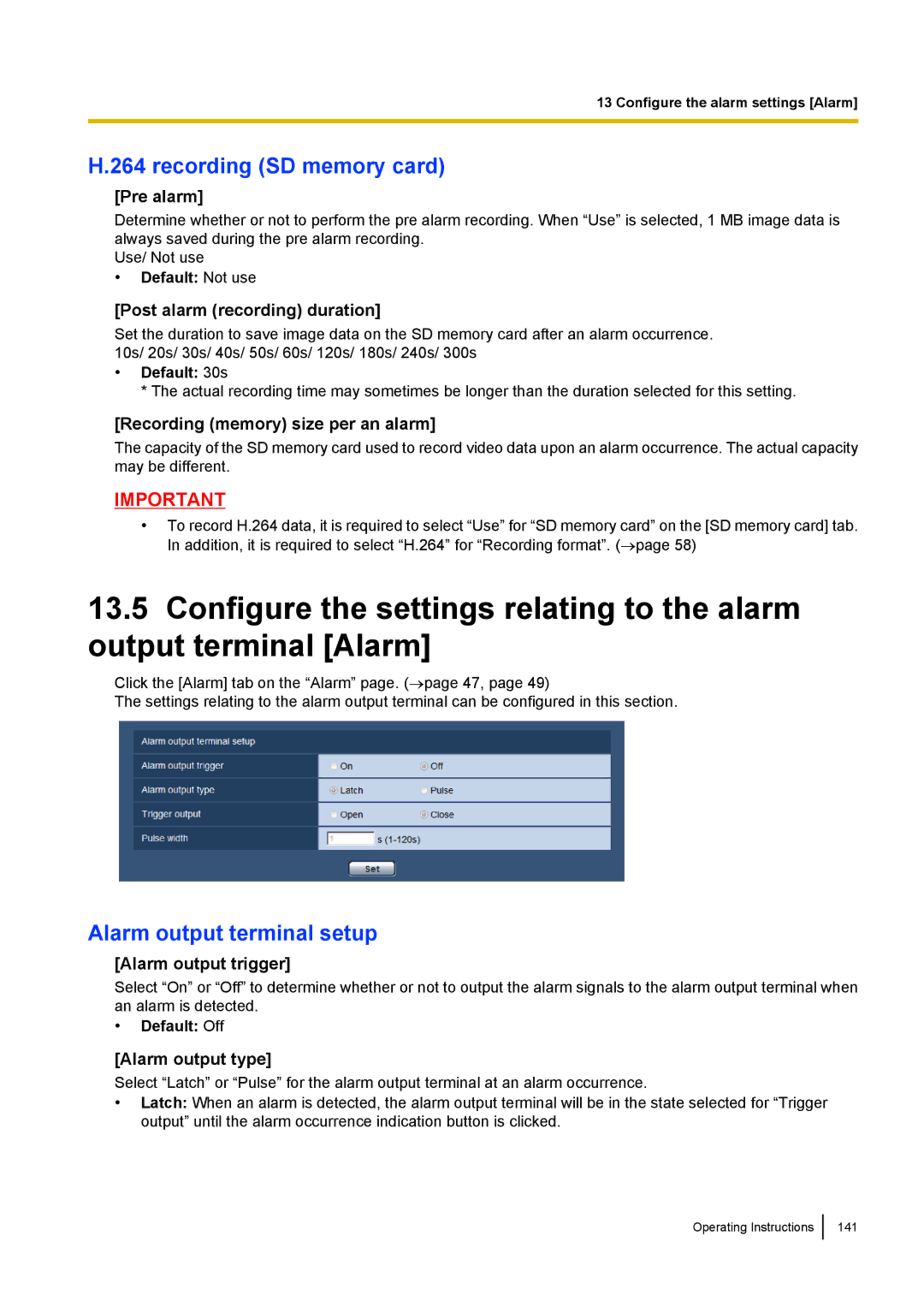 Panasonic WV-SW390, WV-SW170, WV-ST160, WV-SC380 operating instructions Recording SD memory card, Alarm output terminal setup 