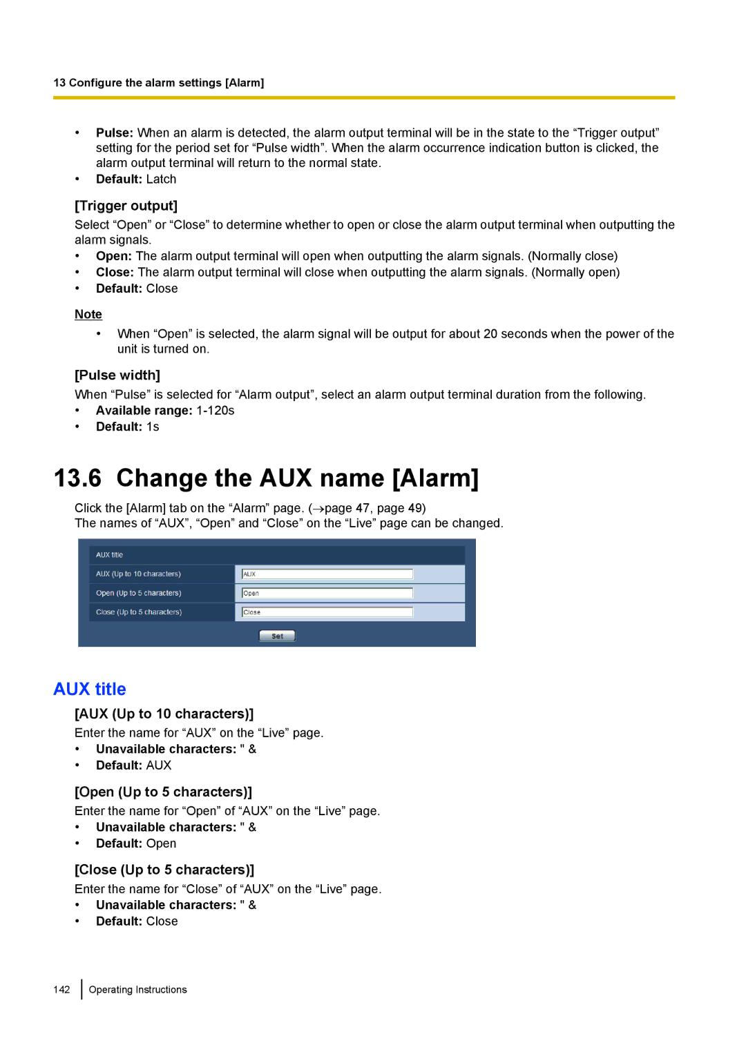 Panasonic WV-ST160, WV-SW170, WV-SW390, WV-SC380 operating instructions Change the AUX name Alarm, AUX title 