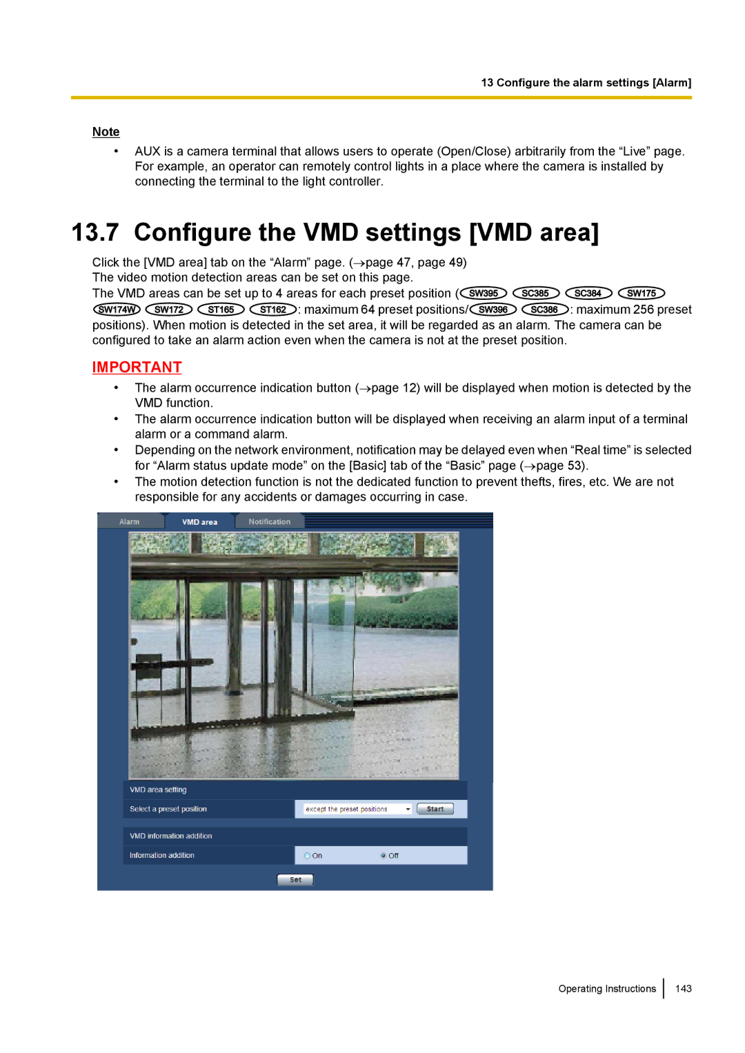 Panasonic WV-SC380, WV-SW170, WV-SW390, WV-ST160 operating instructions Configure the VMD settings VMD area 