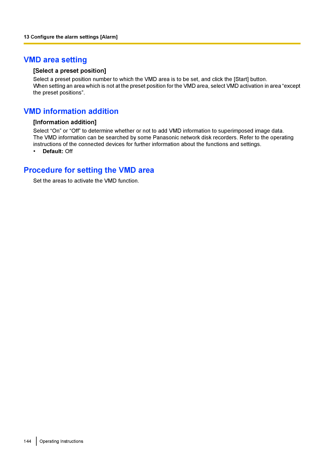 Panasonic WV-SW170 VMD area setting, VMD information addition, Procedure for setting the VMD area, Information addition 