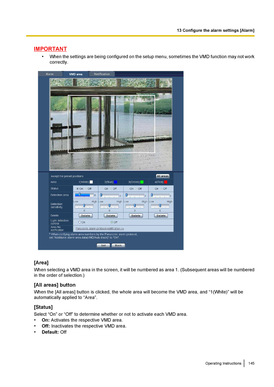 Panasonic WV-SW390, WV-SW170, WV-ST160, WV-SC380 operating instructions Area, All areas button, Status 