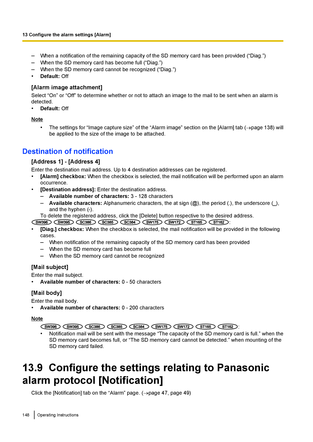 Panasonic WV-SW170 Destination of notification, Alarm image attachment, Address 1 Address, Mail subject, Mail body 