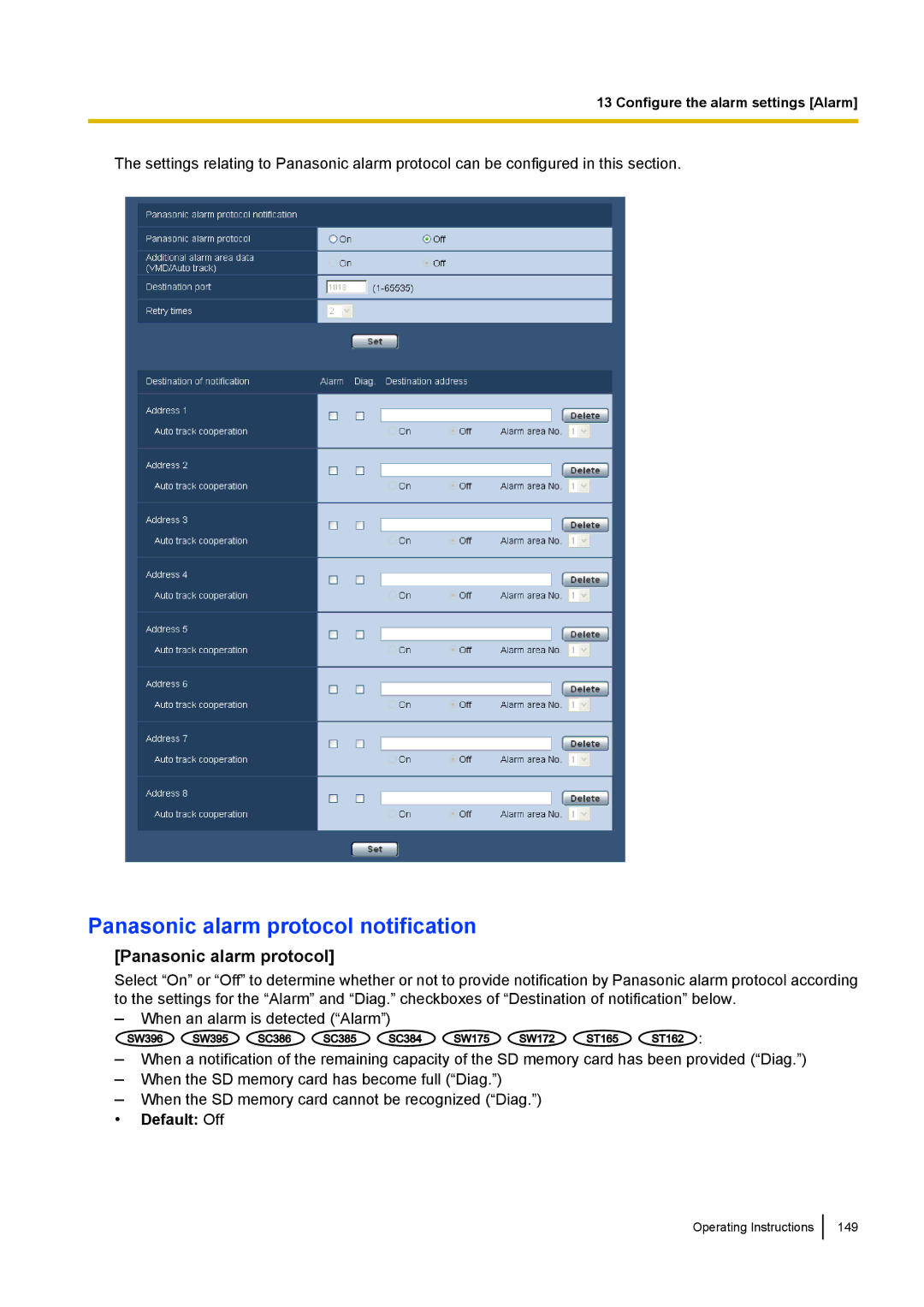 Panasonic WV-SW390, WV-SW170, WV-ST160, WV-SC380 operating instructions Panasonic alarm protocol notification 