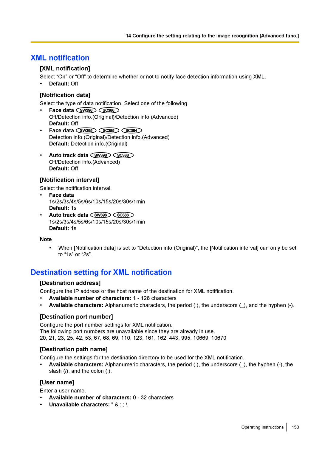 Panasonic WV-SW390, WV-SW170, WV-ST160, WV-SC380 operating instructions Destination setting for XML notification 