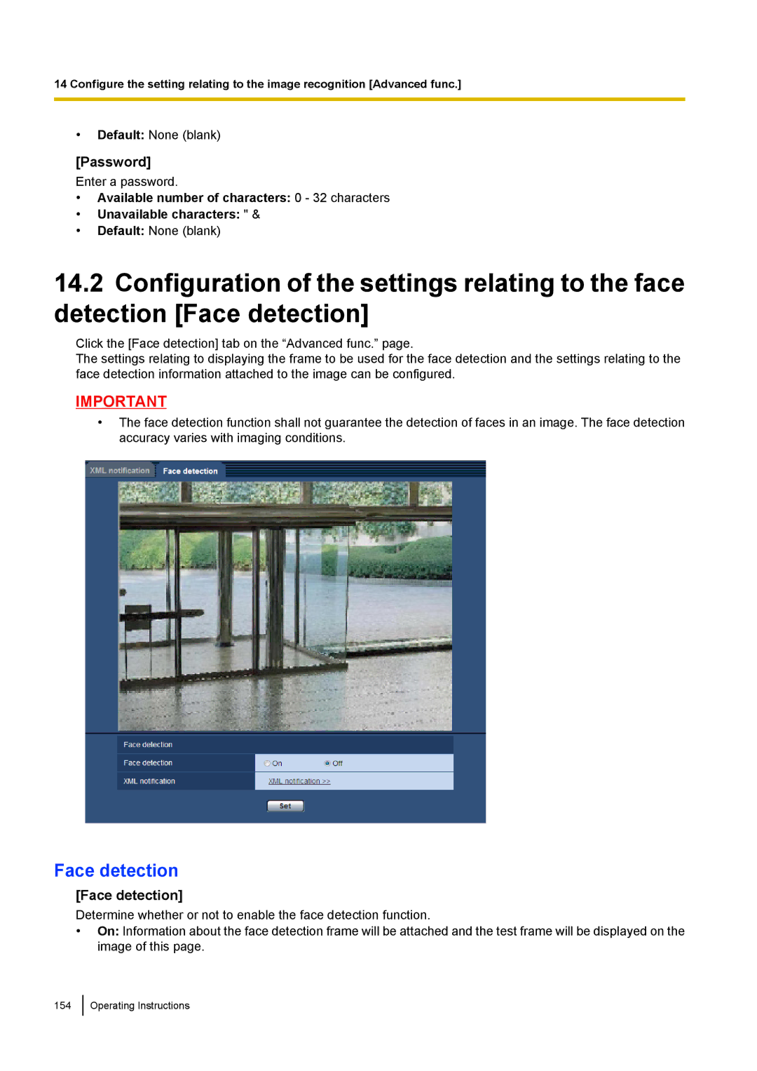 Panasonic WV-ST160, WV-SW170, WV-SW390, WV-SC380 operating instructions Face detection, Password 