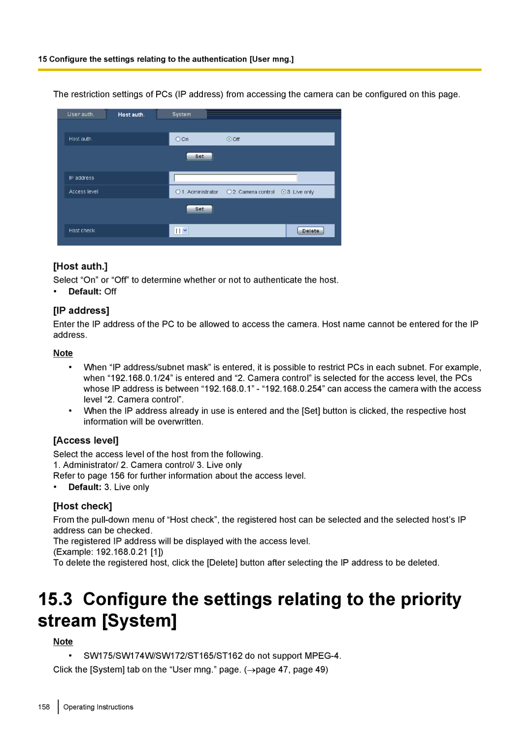 Panasonic WV-ST160, WV-SW170, WV-SW390, WV-SC380 operating instructions Host auth, Host check 