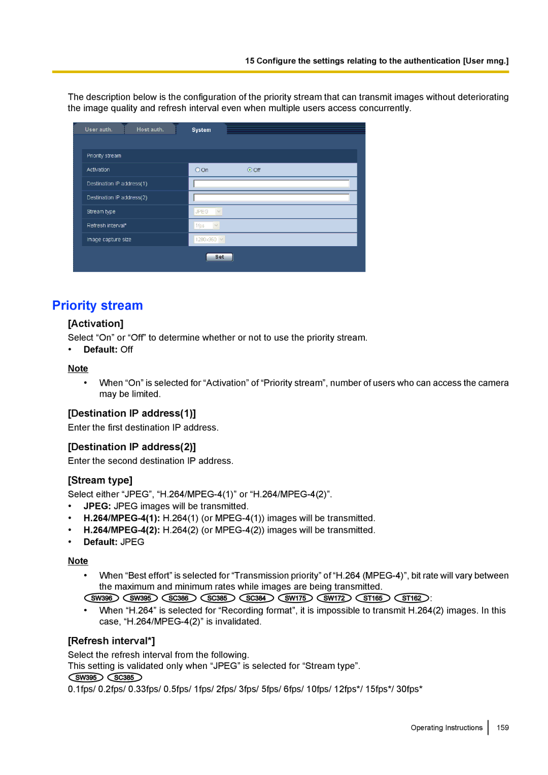 Panasonic WV-SC380, WV-SW170 Priority stream, Activation, Destination IP address1, Destination IP address2, Stream type 