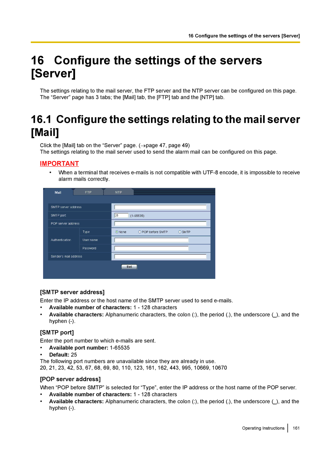 Panasonic WV-SW390 Configure the settings of the servers Server, Configure the settings relating to the mail server Mail 