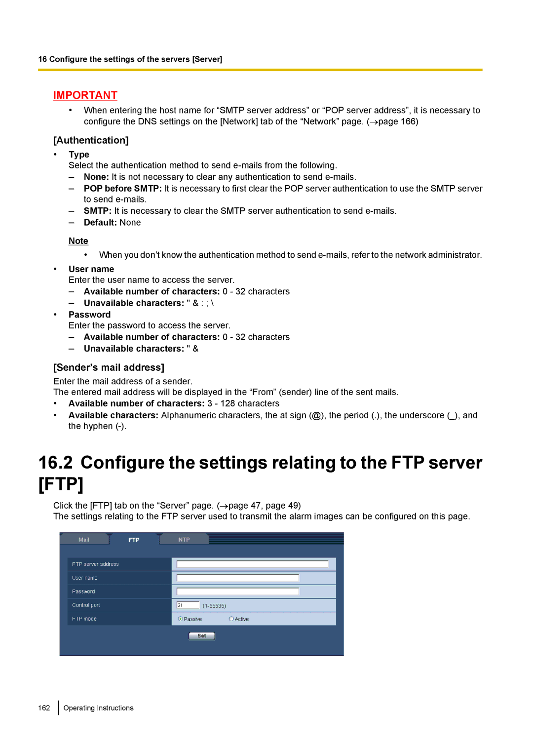 Panasonic WV-ST160 Configure the settings relating to the FTP server FTP, Sender’s mail address, Type, Default None 