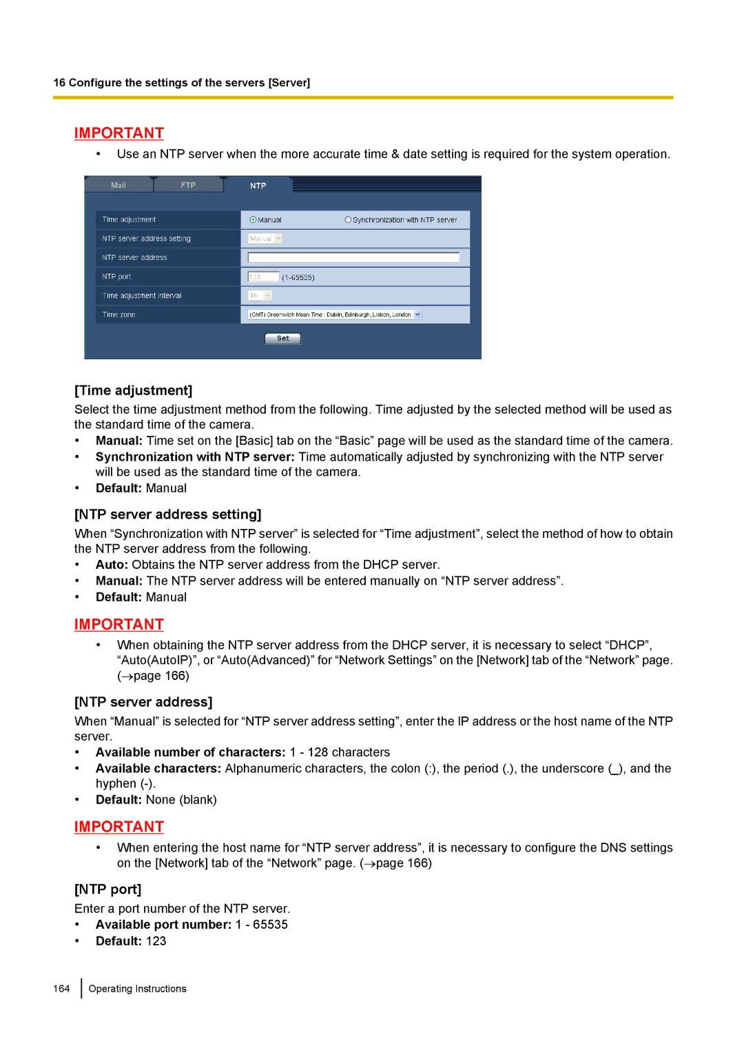 Panasonic WV-SW170, WV-SW390, WV-ST160, WV-SC380 Time adjustment, NTP server address setting, NTP port, Default Manual 