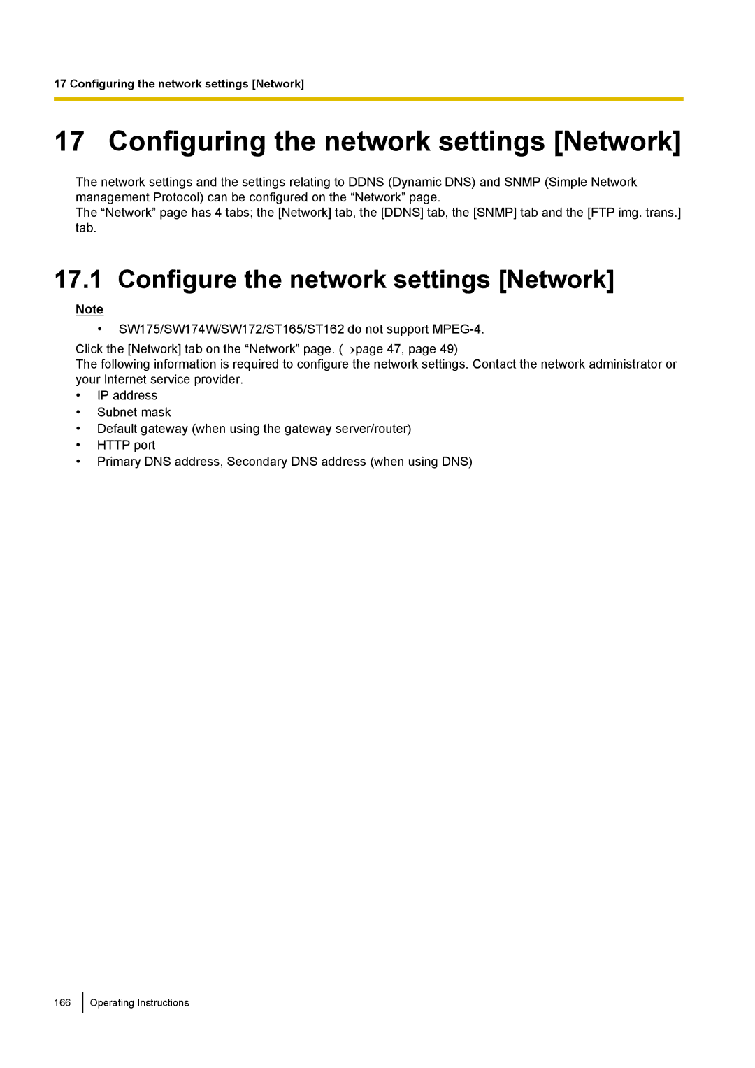 Panasonic WV-ST160, WV-SW170, WV-SW390 Configuring the network settings Network, Configure the network settings Network 