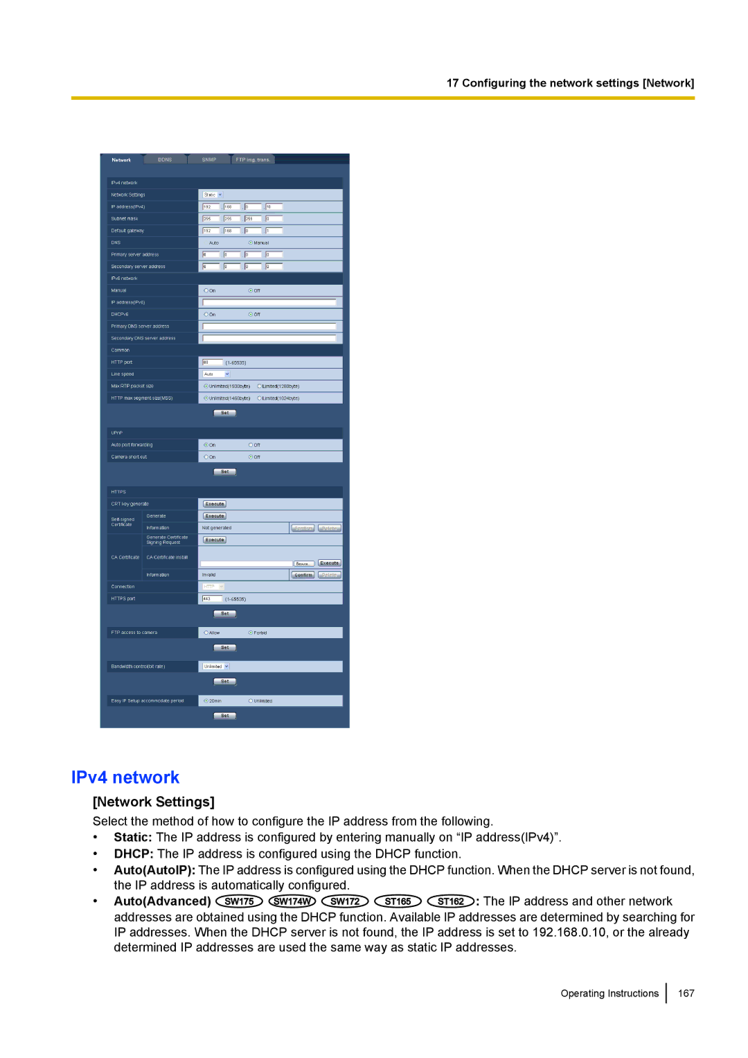 Panasonic WV-SC380, WV-SW170, WV-SW390, WV-ST160 operating instructions IPv4 network, Network Settings, AutoAdvanced 