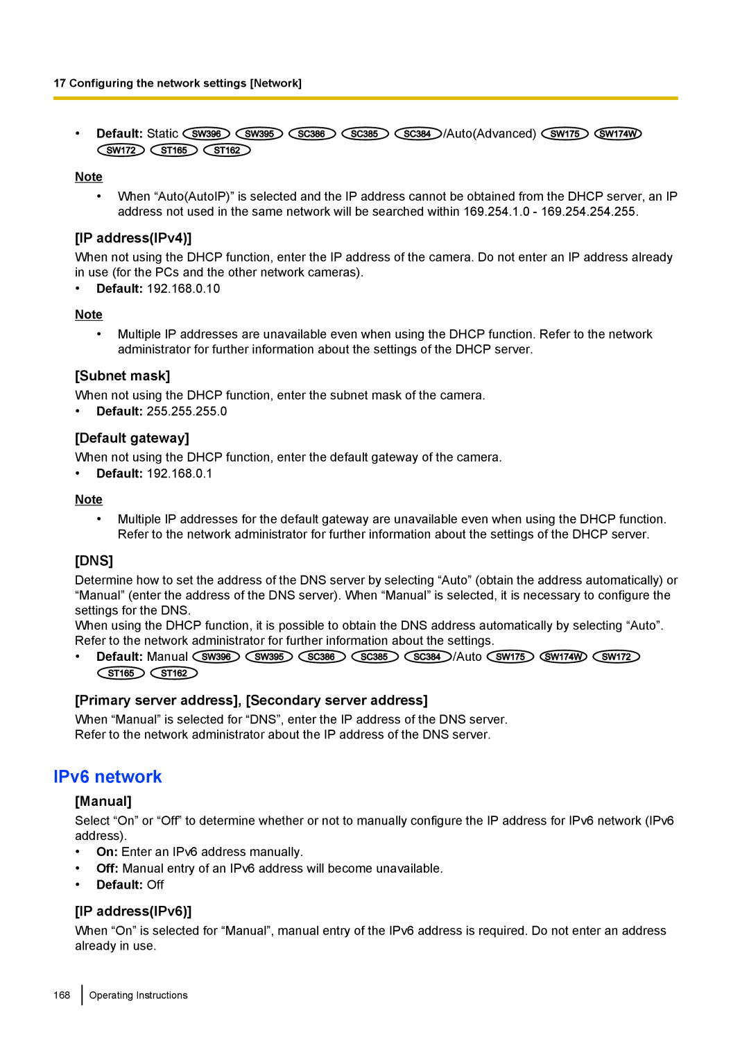 Panasonic WV-SW170, WV-SW390, WV-ST160, WV-SC380 operating instructions IPv6 network 