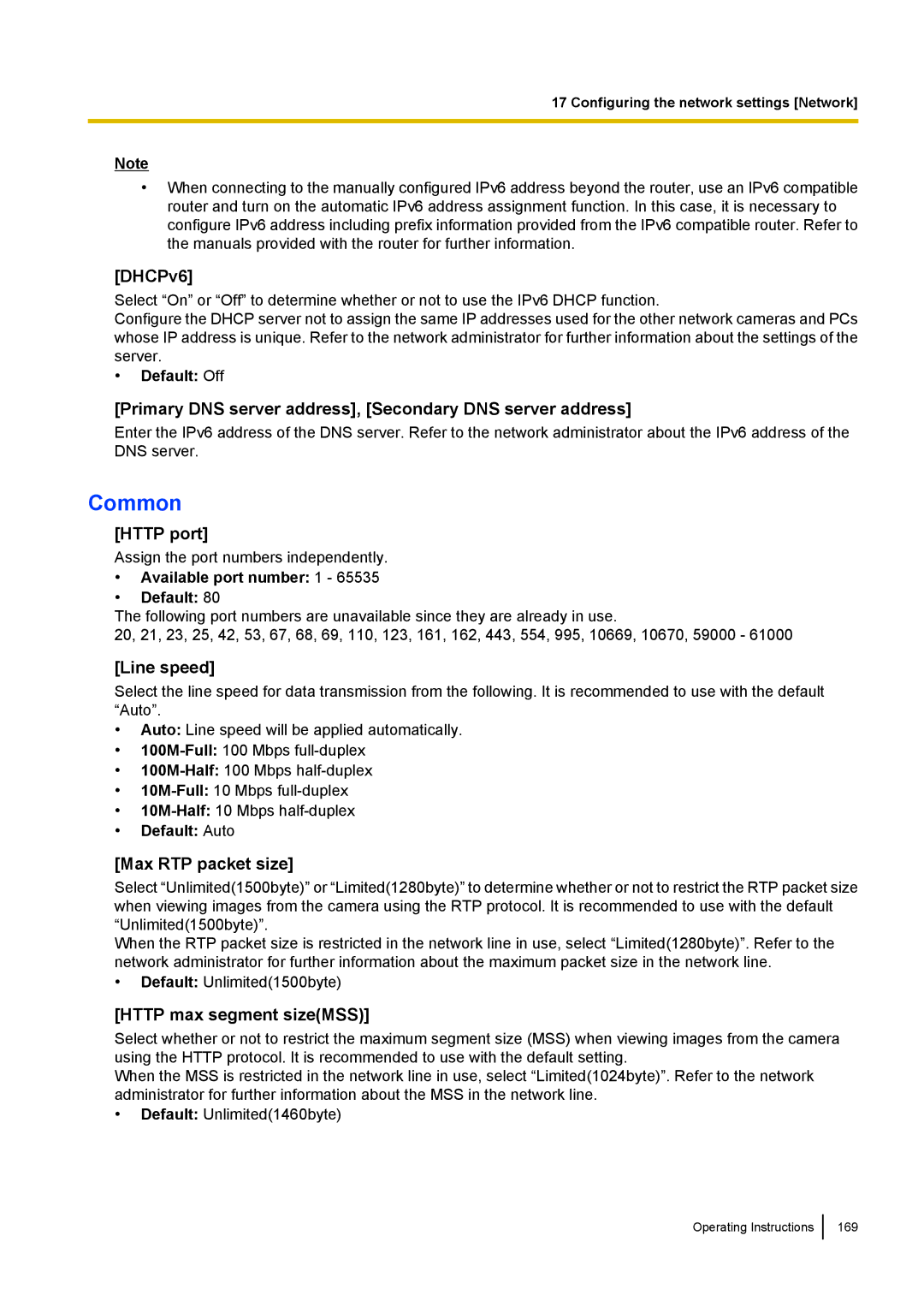 Panasonic WV-SW390, WV-SW170 DHCPv6, Primary DNS server address, Secondary DNS server address, Http port, Line speed 