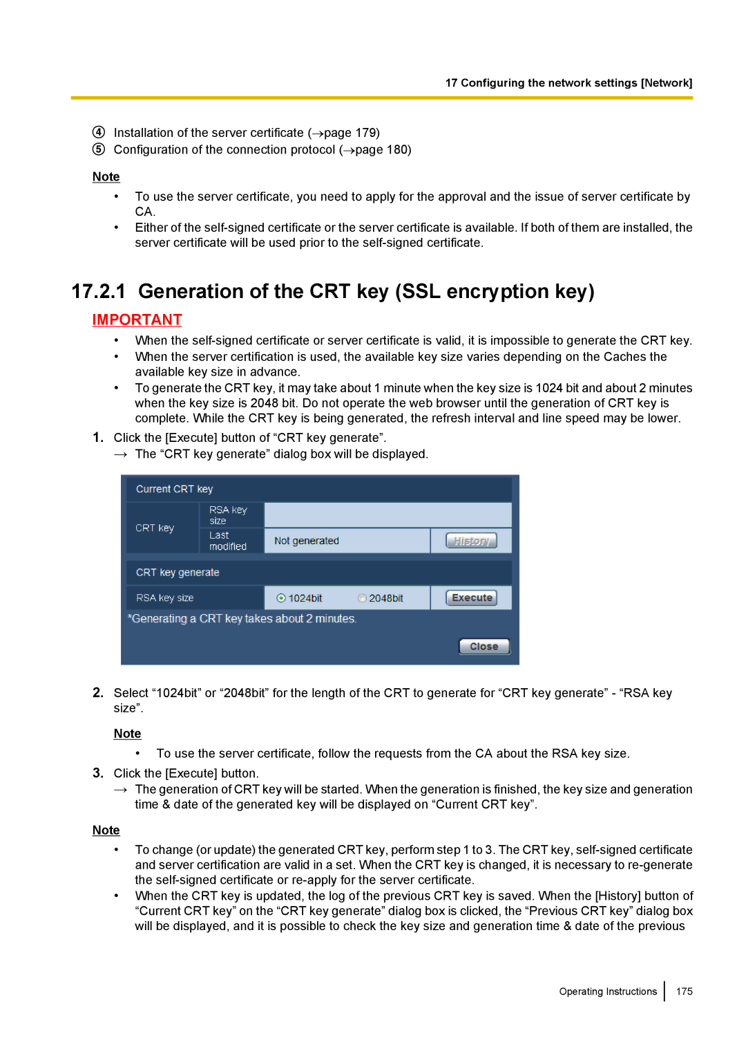 Panasonic WV-SC380, WV-SW170, WV-SW390, WV-ST160 operating instructions Generation of the CRT key SSL encryption key 