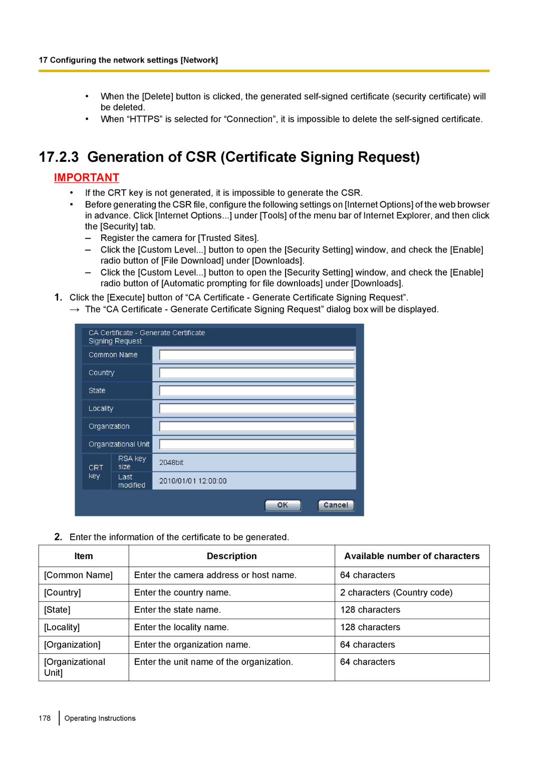 Panasonic WV-ST160, WV-SW170, WV-SW390, WV-SC380 operating instructions Generation of CSR Certificate Signing Request 