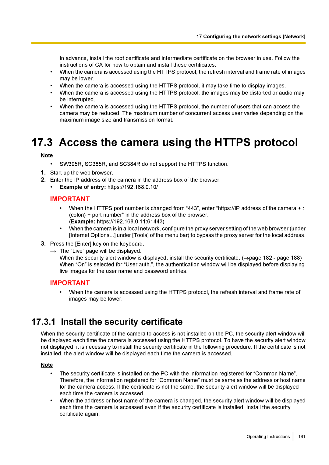 Panasonic WV-SW390, WV-SW170, WV-ST160 Access the camera using the Https protocol, Install the security certificate 