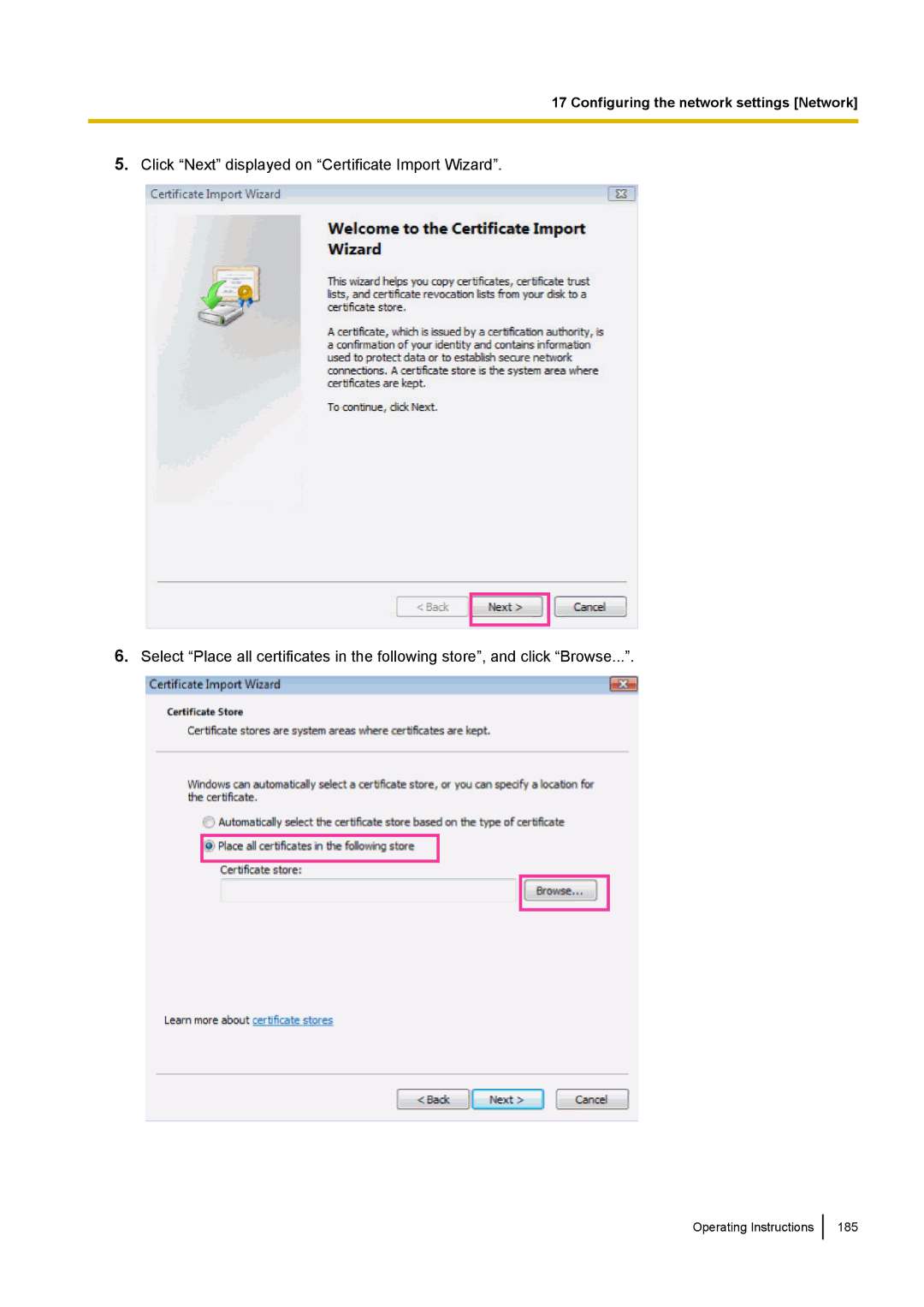 Panasonic WV-SW390, WV-SW170, WV-ST160, WV-SC380 operating instructions Operating Instructions 185 