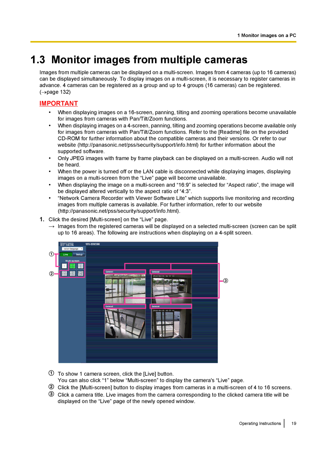 Panasonic WV-SC380, WV-SW170, WV-SW390, WV-ST160 operating instructions Monitor images from multiple cameras 