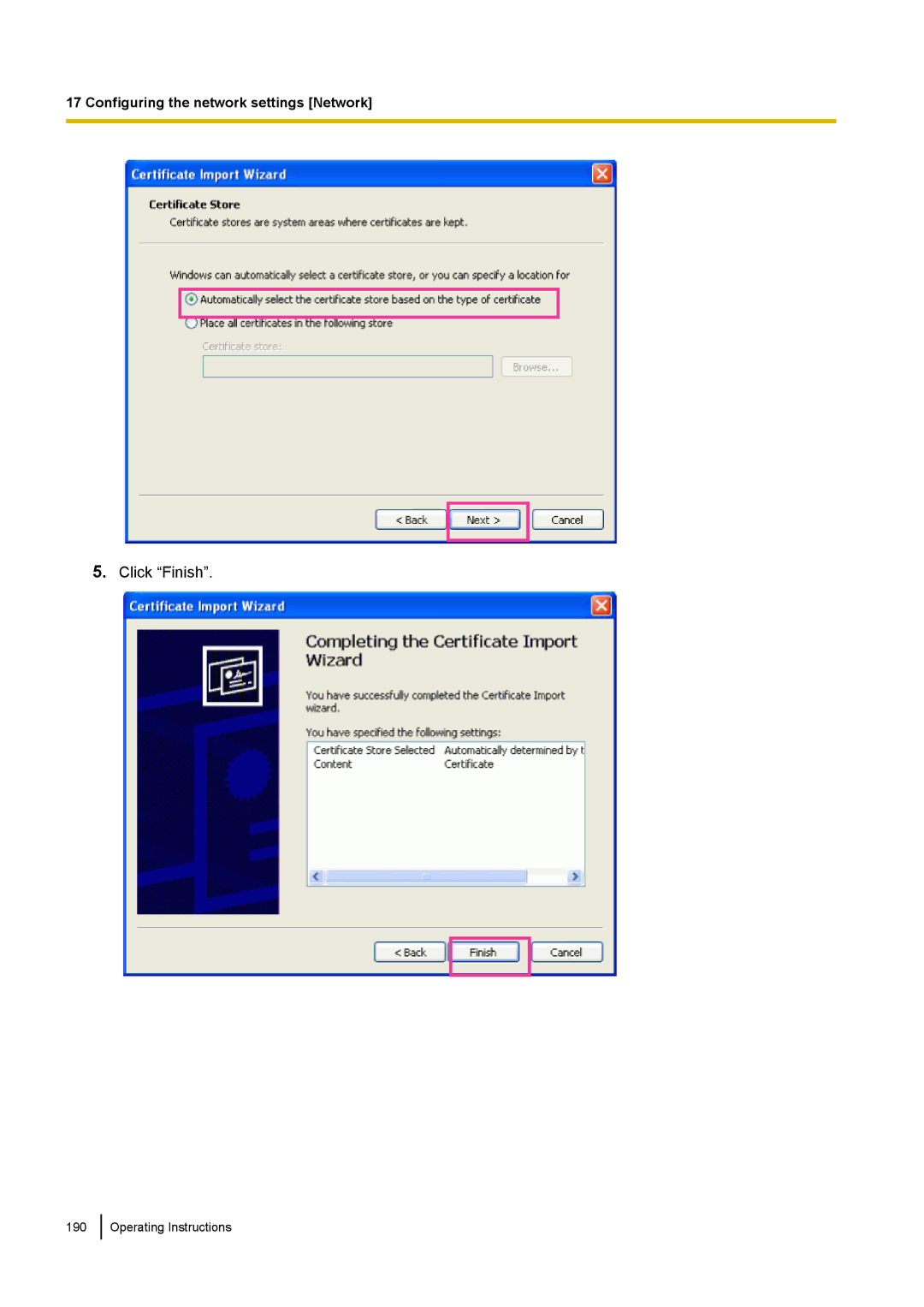 Panasonic WV-ST160, WV-SW170, WV-SW390, WV-SC380 operating instructions Click Finish 