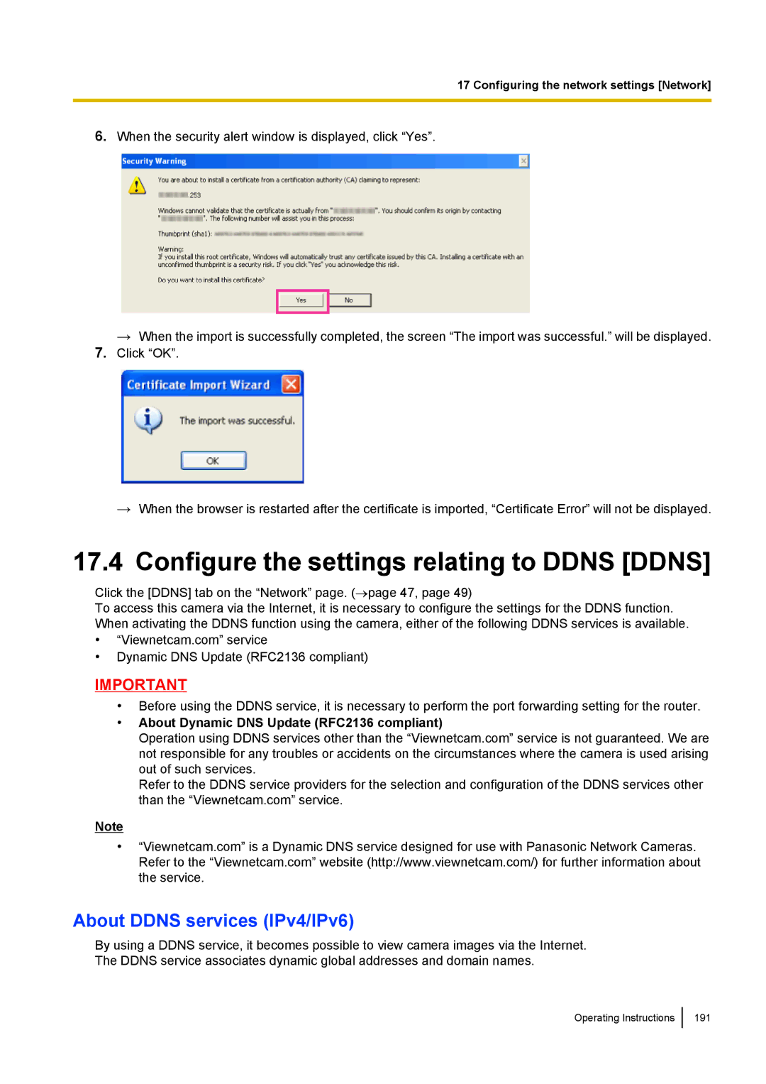 Panasonic WV-SC380, WV-SW170, WV-SW390, WV-ST160 Configure the settings relating to Ddns Ddns, About Ddns services IPv4/IPv6 