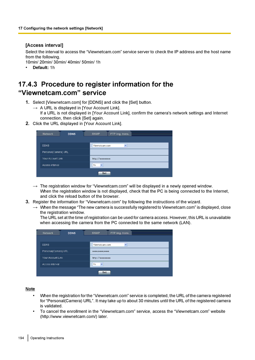 Panasonic WV-ST160, WV-SW170, WV-SW390, WV-SC380 operating instructions Access interval, Default 1h 