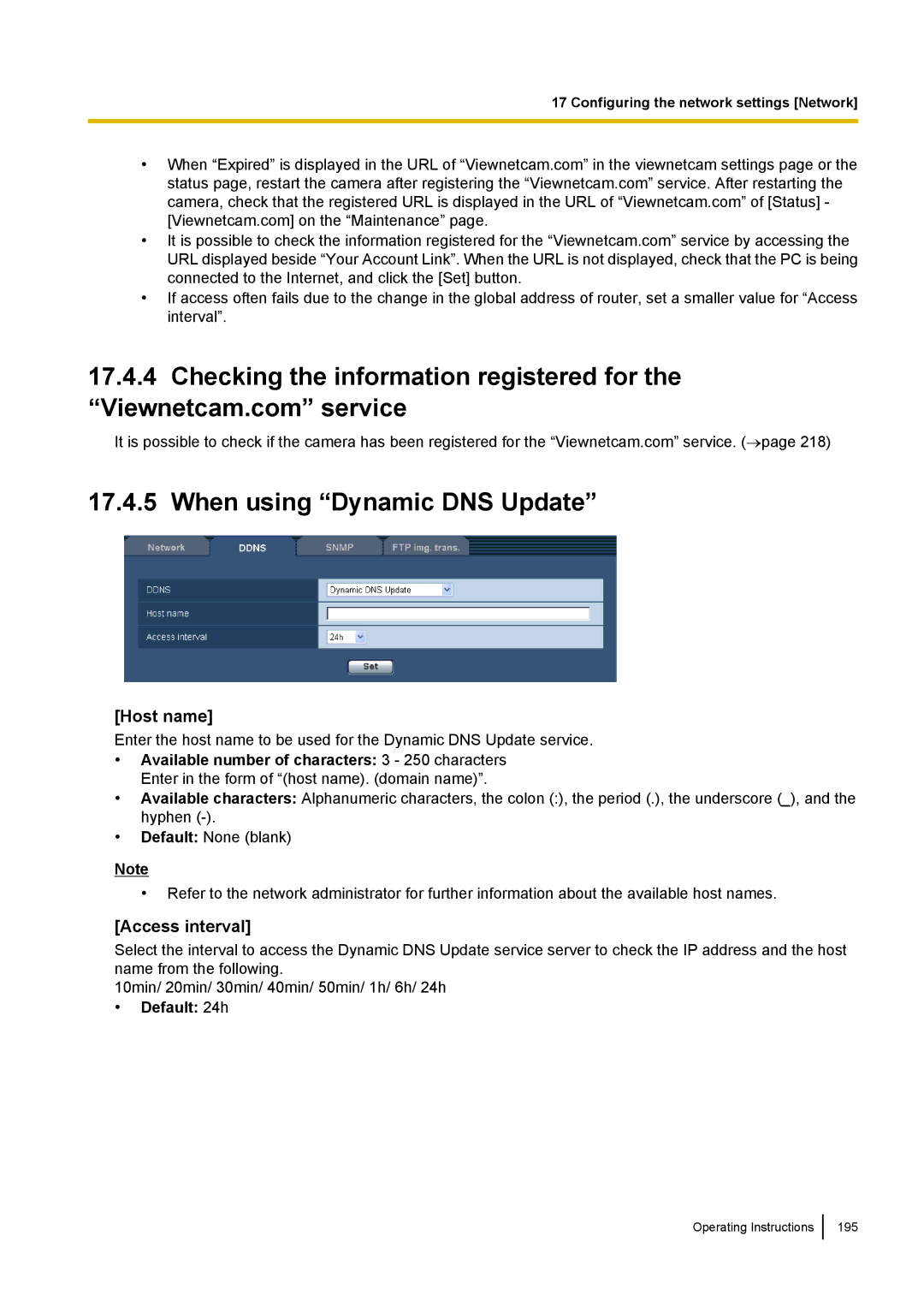 Panasonic WV-SC380, WV-SW170, WV-SW390, WV-ST160 operating instructions When using Dynamic DNS Update, Host name 