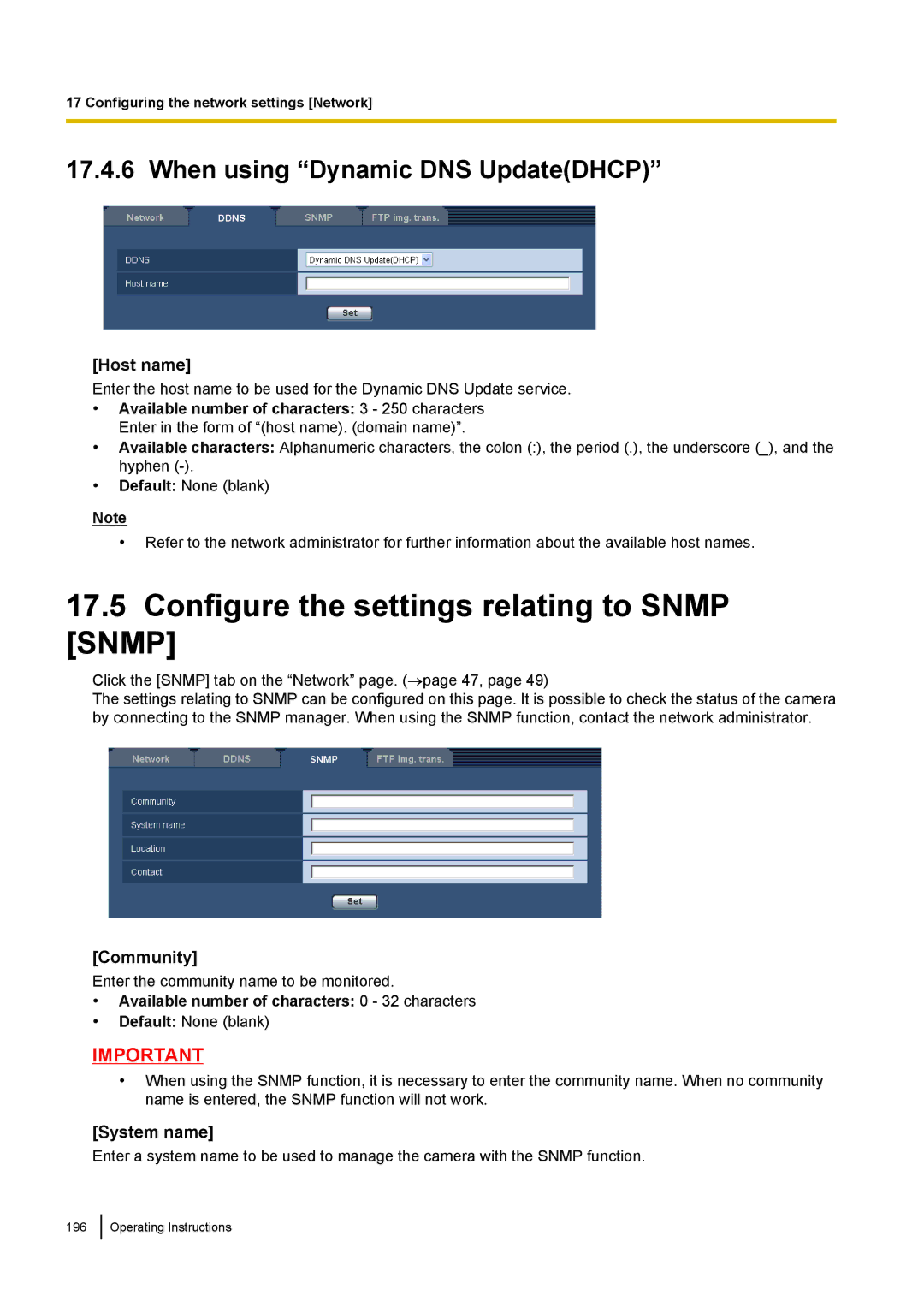 Panasonic WV-SW170, WV-SW390, WV-ST160, WV-SC380 Configure the settings relating to Snmp Snmp, Community, System name 