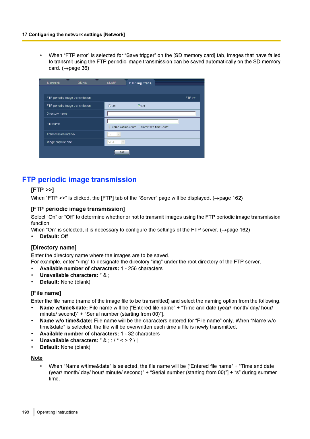 Panasonic WV-ST160, WV-SW170, WV-SW390, WV-SC380 operating instructions FTP periodic image transmission 