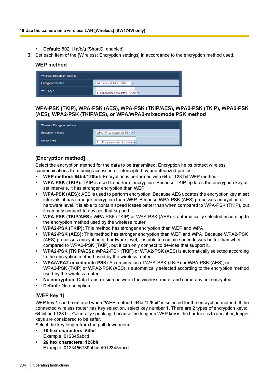 Panasonic WV-SW170, WV-SW390, WV-ST160, WV-SC380 operating instructions WEP key, Hex characters 64bit, Hex characters 128bit 