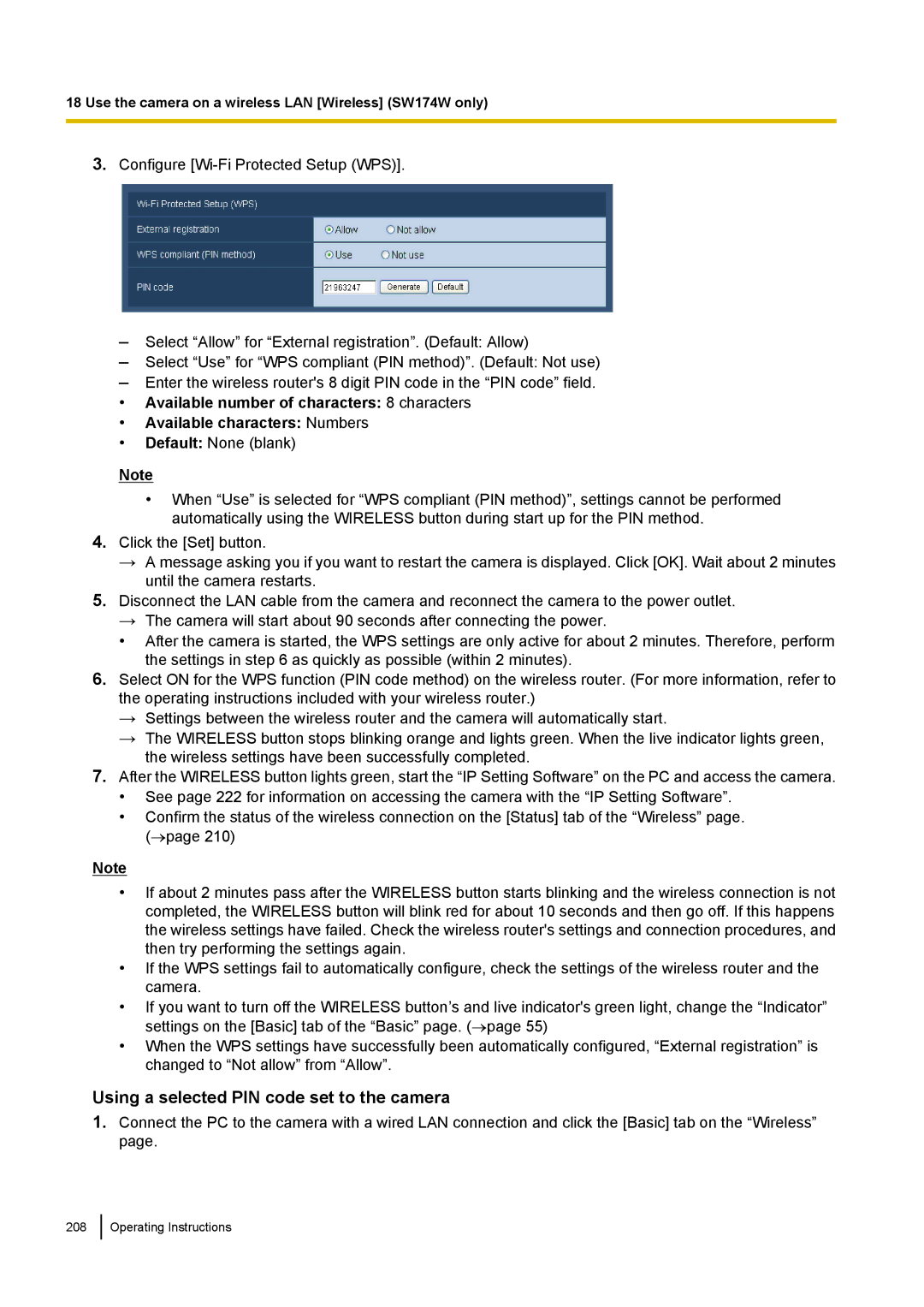 Panasonic WV-SW170, WV-SW390, WV-ST160, WV-SC380 operating instructions Using a selected PIN code set to the camera 