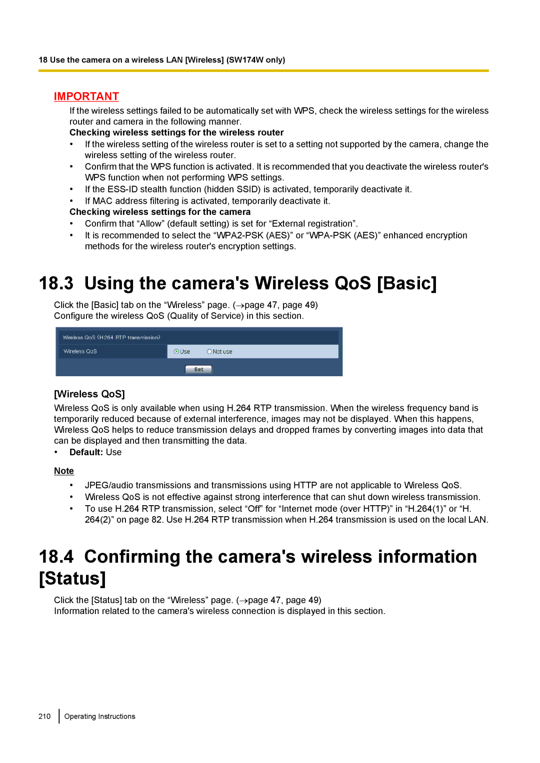 Panasonic WV-ST160, WV-SW170 Using the cameras Wireless QoS Basic, Confirming the cameras wireless information Status 