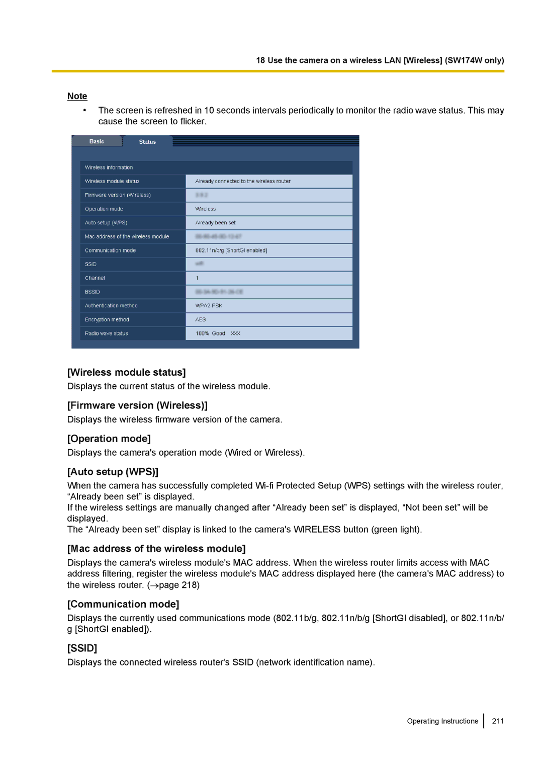 Panasonic WV-SC380, WV-SW170, WV-SW390 Wireless module status, Firmware version Wireless, Operation mode, Auto setup WPS 